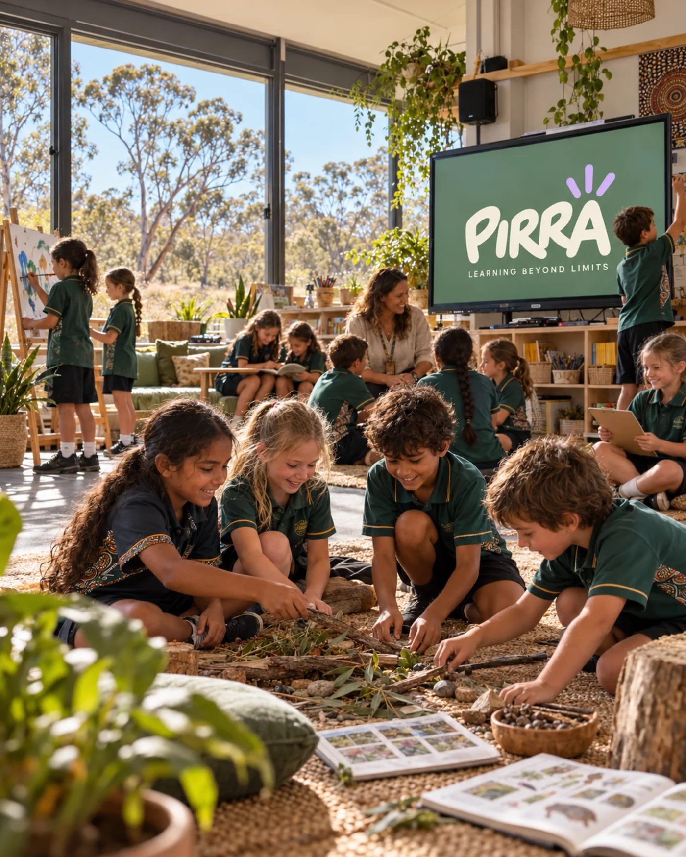 Australian primary students learning with natural materials, beside a classroom screen displaying PIRRA — Learning Beyond Limits